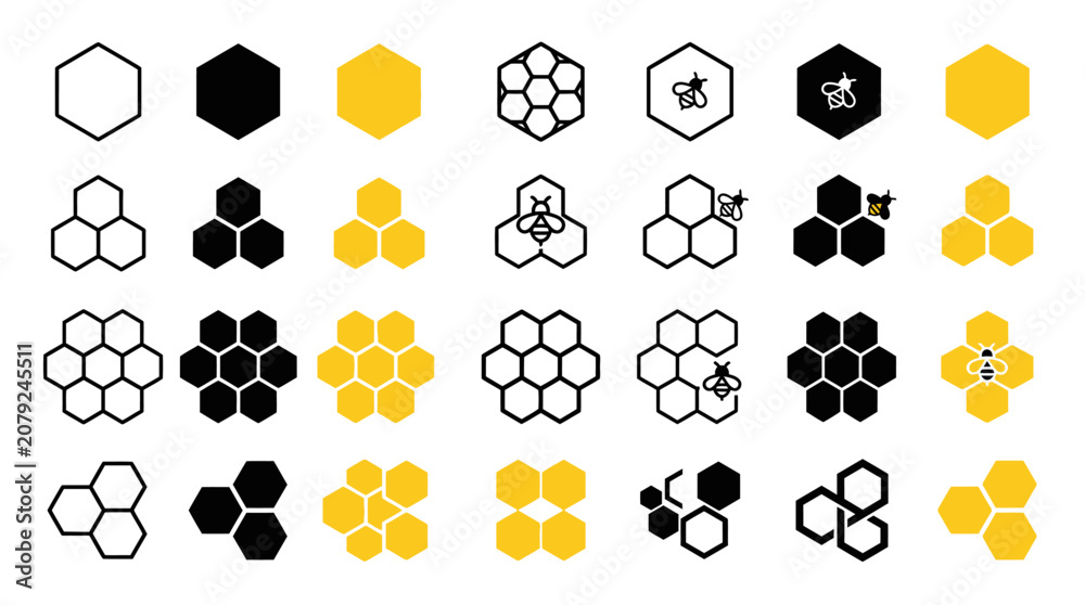 Fototapeta premium Set of Geometric Honeycomb and Bee Icons with Hexagon Shapes in Black and Yellow on an Isolated White Background.