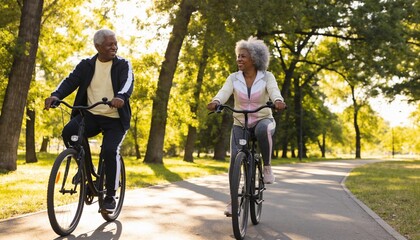 Active senior African American couple riding bicycles in the park. Mature black man and woman enjoying a bike ride on a sunny day. Healthy aging and retirement lifestyle concept