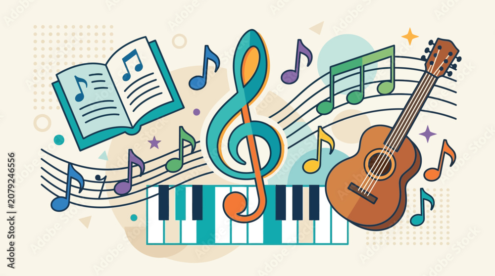 Obraz premium An upbeat flat design illustration showcasing a playful and abstract arrangement of music education elements, symbolizing the joy of learning and the journey of musical discovery.