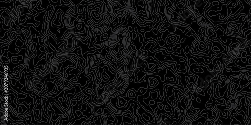 Dark topographic map contour lines pattern on black background for modern tech or science design.