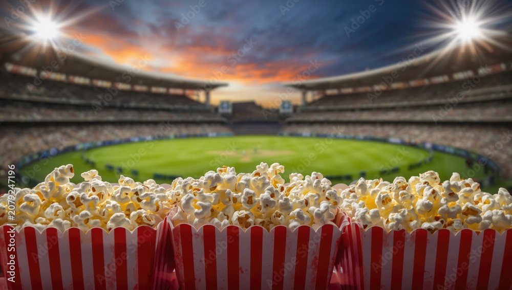 Fototapeta premium Popcorn buckets in front of a baseball stadium during sunset