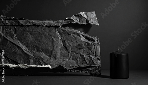 Dramatic Minimalist Still Life Composition with Crumpled Black Paper and a Dark Scented Candle on a Black Background