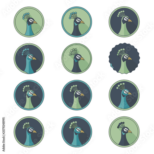 Set of circular peacock head icons in various green and blue shades