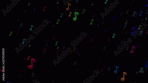 Floating colorful music note icons form a looping particle background with alpha channel, perfect for music videos and creative visual effects.