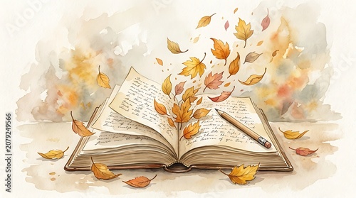 Open book with autumn leaves flying in the air