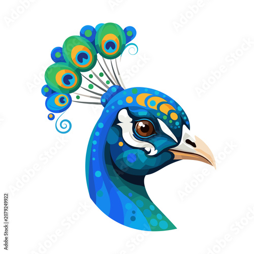 Vibrant blue peacock head mascot with detailed plumage and orange beak