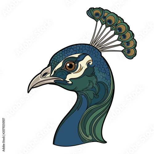 Sophisticated peacock head illustration with gold and green accents