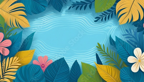 tropical banner with water pond in blue with leaves and flowers abstract botanical shapes of foliage plants nature background pattern
