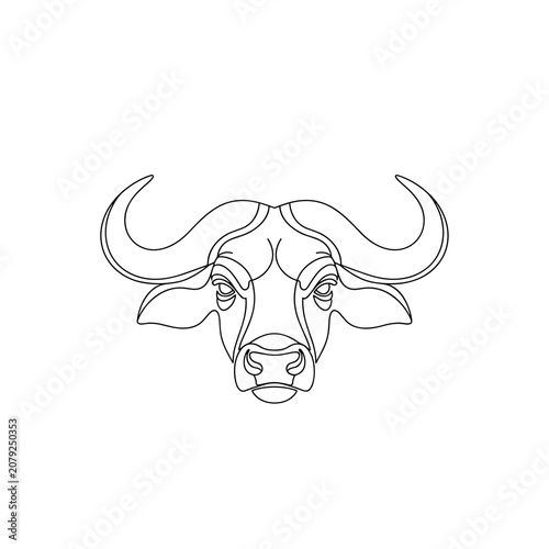 Minimalist black line art of a buffalo head with symmetrical horns