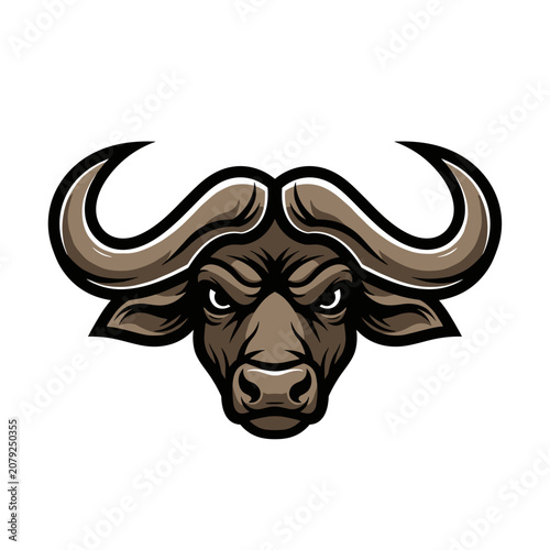 Aggressive buffalo head mascot logo with large horns and brown colors