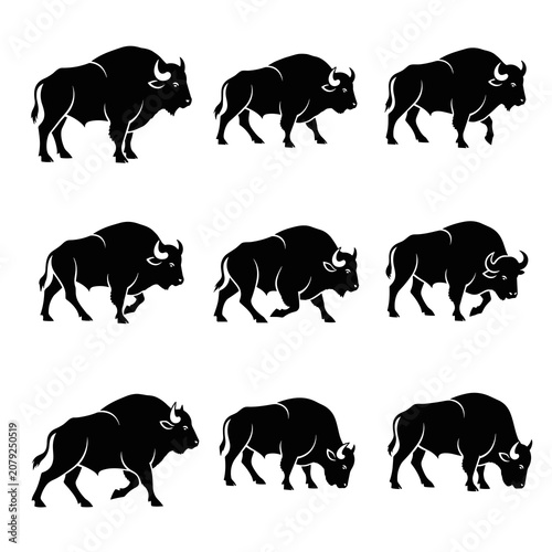 Set of small black buffalo silhouettes in various walking and standing poses