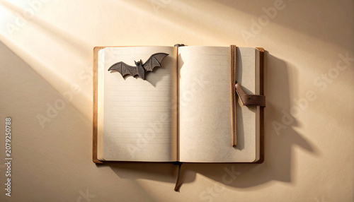 Open Leather Journal with Miniature Bat Silhouette for Spooky Creative Writing and Autumnal Aesthetic Themes