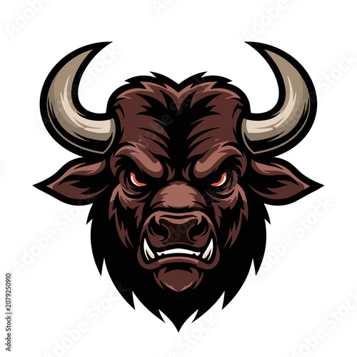 Angry brown buffalo head mascot with red eyes and fierce expression