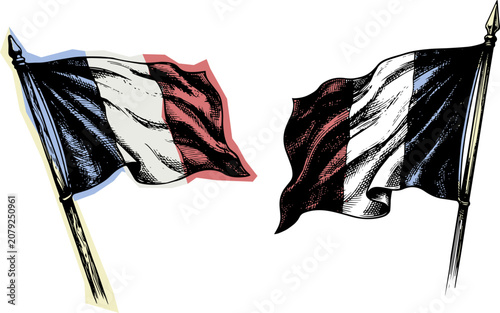 Foto Set of waving french flags on poles for bastille day celebration with bastille n