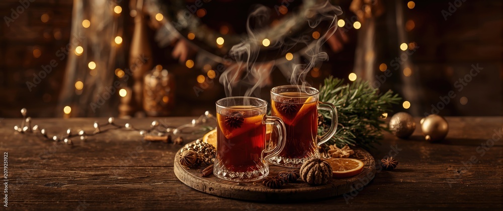 Fototapeta premium Glasses of warm spiced tea with fruits on a wooden table