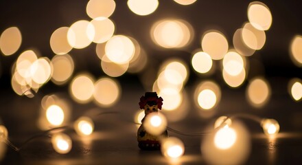 Small figurine standing among glowing golden bokeh fairy lights.