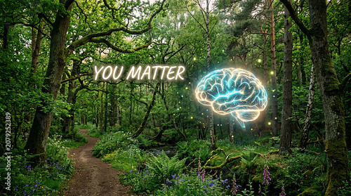 Mental health awareness concept featuring a glowing neural brain vector over a sunny green forest path