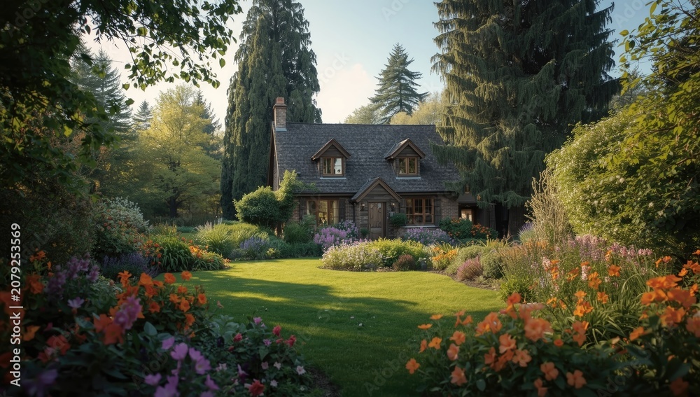 Fototapeta premium Peaceful residence set among a vibrant garden bursting with radiant flowers and towering trees