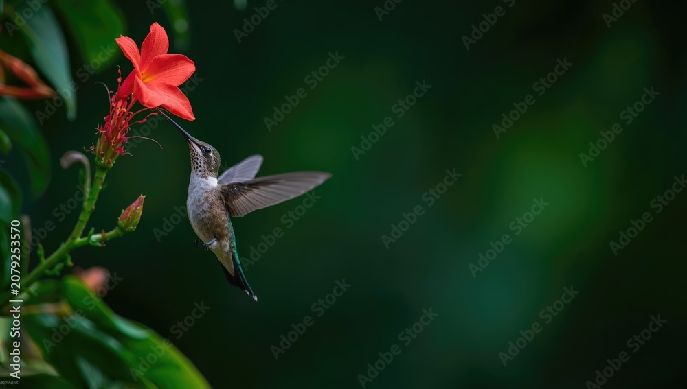 Fototapeta premium Hummingbird feeding on a vibrant red flower