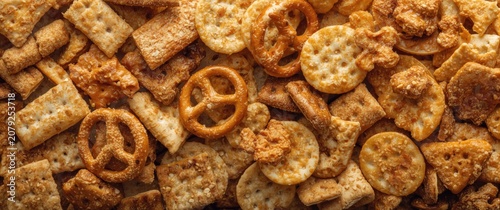 Variety of savory snack crackers and pretzels scattered on a surface