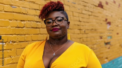 Radiant Black woman with short curly red hair wearing eyewear and mustard yellow dress poses confidently in front of bright yellow brick wall in sunny city