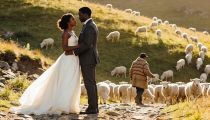 Black bride and groom in romantic embrace on a rural farm. Wedding couple standing on a hillside with a shepherd and flock of sheep. Pastoral wedding photography during golden hour