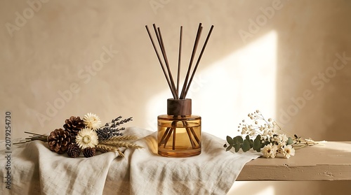 Glass reed diffuser with sticks on a wooden table