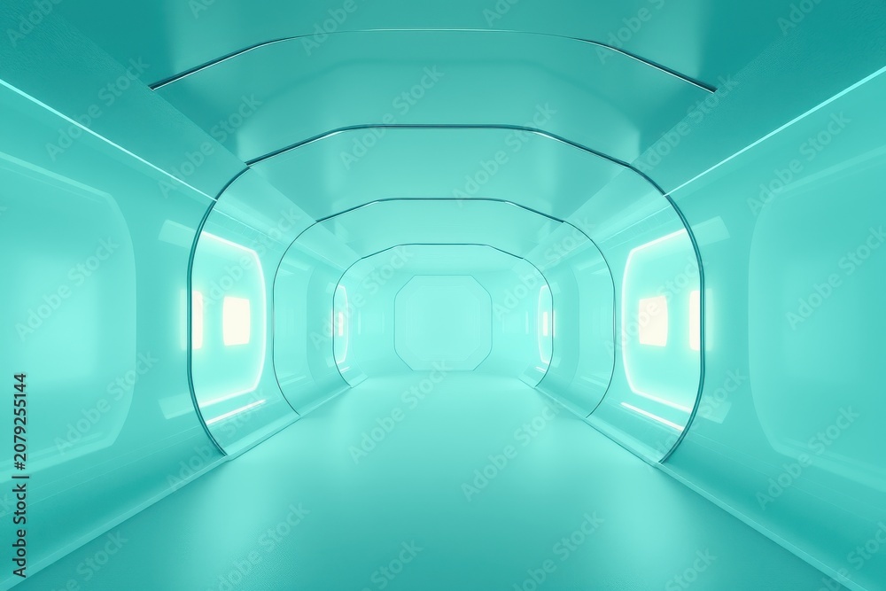 Fototapeta premium Futuristic corridor, teal hues dominate. Smooth curves, bright lights create depth. Clean lines suggest advanced technology, spacious interior.