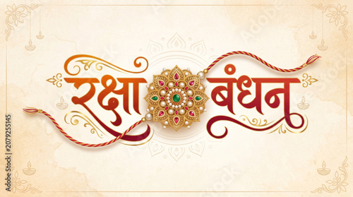 Raksha Bandhan Hindi Typography with Decorative Rakhi on Elegant Traditional Background