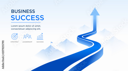 Business success vector illustration with upward arrow road, growth journey and leadership concept. Modern corporate banner template for presentation, finance, strategy, marketing