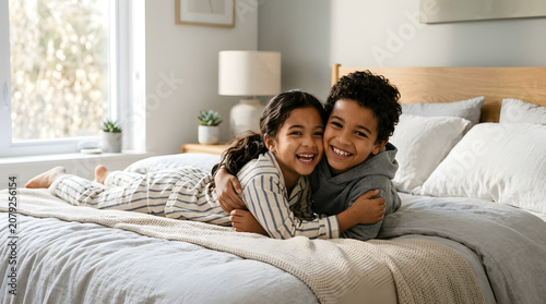 Happy brother and sister hugging while lying on bed in bright bedroom