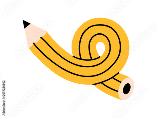 Foto Vector curved flexible twisted yellow pencil in spiral loop, funny bendy stationery for creative school drawing