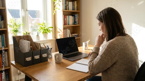 woman sitting at desk with laptop and notebook office workspace