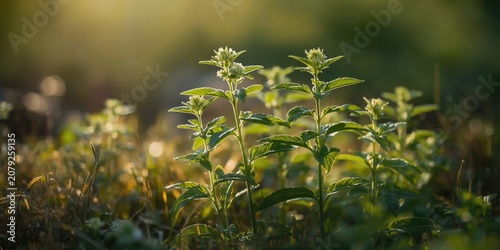 Melissa officinalis plant growing in sunlight and shade
