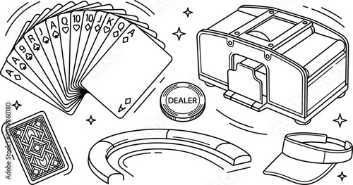 Konstfotografi Casino Poker Dealer Equipment Element Set Featuring Card Shuffling Machine Fanne