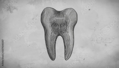 Vertical hand drawn depiction of molar tooth showing wide flat surface in traditional style