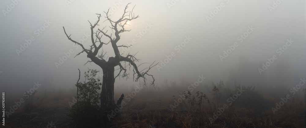 Fototapeta premium Single lifeless tree shrouded in dense fog over forest ground at early dawn