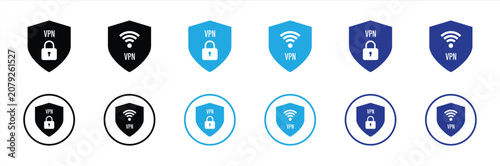 VPN Security Shield Icon Set Collection Featuring Virtual Private Network, Secure Internet, WiFi Protection, Data Encryption and Cybersecurity Symbols in Flat Duotone Vector Style