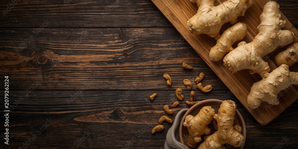 Fototapeta premium Fresh ginger roots on a wooden board and bowl