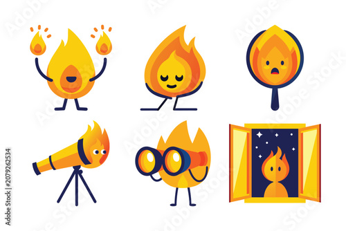 Collection of fire characters performing various actions like meditating, observing with binoculars, and looking through a telescope.