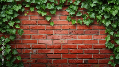 Brick wall covered with green ivy leaves