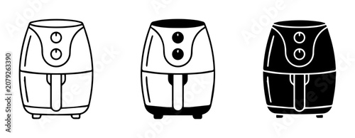 Air Fryer Icons Set: Line Art, Filled Outline, and Solid Black Vector Graphics for Kitchen Appliances