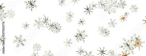 Fotografie Decorative pattern of numerous abstract snowflakes drifting down against a clean white backdrop