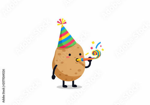 Cute cartoon potato character wearing party hat and blowing party horn