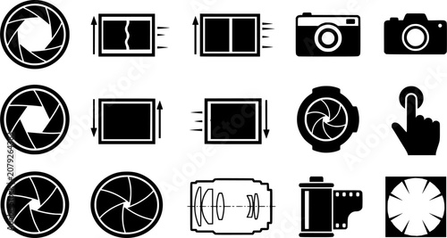 Set photo camera lens diaphragm. Photo lenses aperture, cameras shutter silhouette icon and shutter apertures pictogram. Lomography film lens or snap optics objective lenses - stock vector