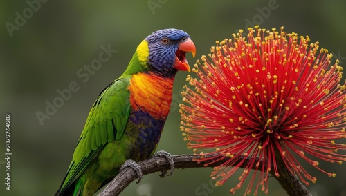 Rainbow lorikeet perched on a branch beside a red flower