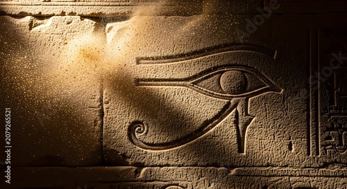 Ancient Egyptian Eye of Horus carved on stone wall with golden sand blowing in dramatic light