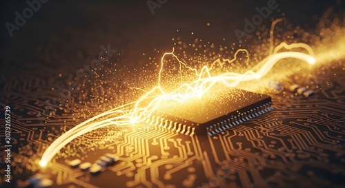 Glowing golden computer chip with energy streaks representing high speed data processing on circuit board