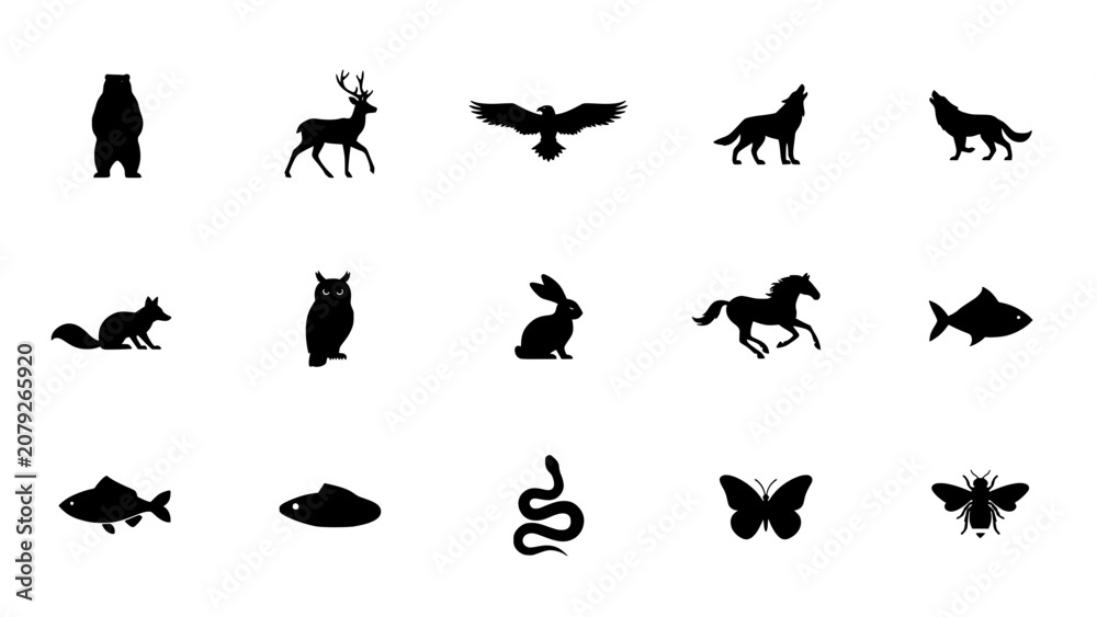 Fototapeta premium Animals Icon Set in a Clean Grid Layout, Featuring Cat, Dog, Deer, Fish, Owl, Butterfly and Pawprint Silhouettes
