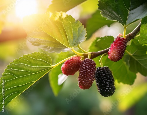 mulberry fruit tree with ripe and green leaves in sunlight
